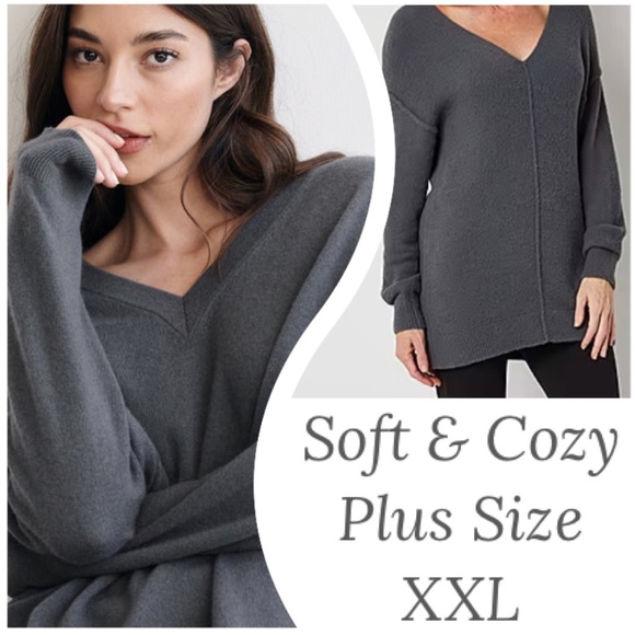 STYLUS Sweaters - Soft Grey V Neck Cozy Slimming Look Long Sleeve Pullover Sweater Plus Size XXL